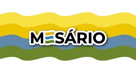 Banner em fundo branco, em que se lê "Mesário", em letras pretas. Ao fundo, observam-se ondas co...
