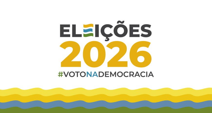 Banner em fundo branco, em que se lê, em letras pretas,  verdes, azuis e amarelas, "Eleições 202...
