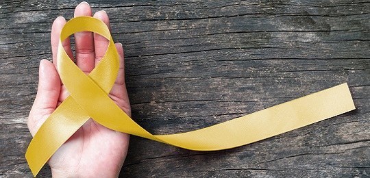 Fotografia de uma mão, sobre um material feito de madeira, segurando um laço amarelo, símbolo do...