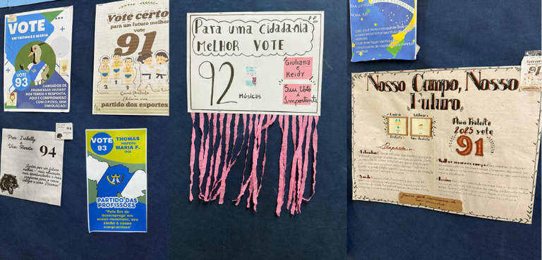 14ª Zona Eleitoral de Ponta Grossa realiza projeto para conscientizar o voto jovem nas eleições 2 Fotografia de cartazes afixados em um painel azul. Os materiais abordam temas relativos ao voto ...