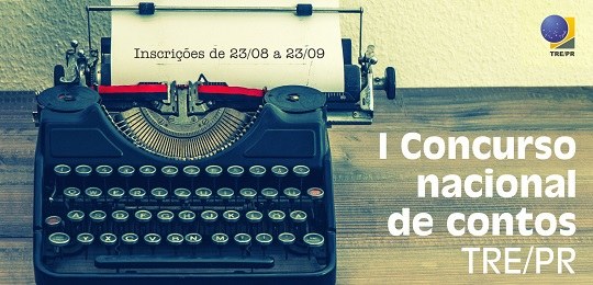 Banner de uma máquina de escrever com um papel onde se lê “inscrições de 23/08 a 23/09” ao lado ...