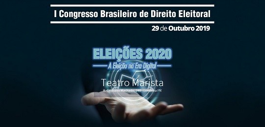 Arte com fundo azul escuro, na parte superior escrito em branco: "1º Congresso Brasileiro de Dir...