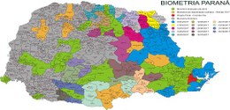 Banner com o mapa do Paraná dividido por cidades. Cada área está pintada com uma cor diferente. ...