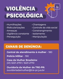 Banner com fundo roxo em que se lê, em letras brancas, “Violência Moral: xingamentos, injúrias, ...