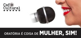 Banner de uma mulher de batom vermelho falando ao microfione