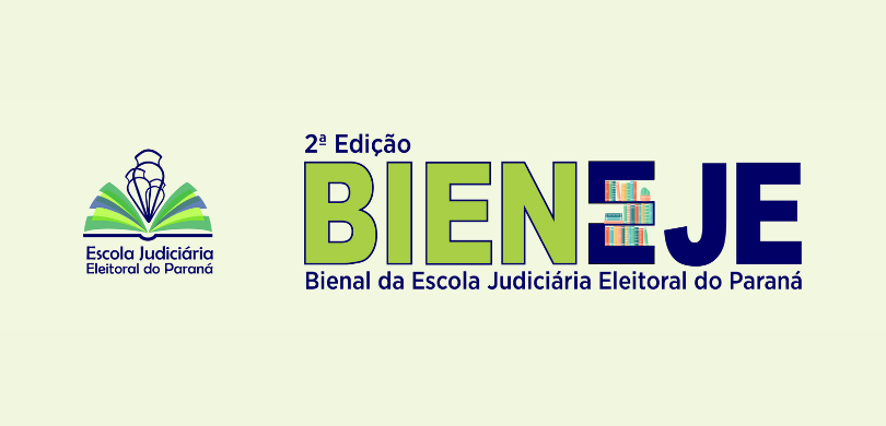 Banner em fundo verde claro, em que se lê, em letras verdes e azuis, “2ª edição da Bienal da Esc...