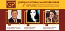 Banner nas cores vermelho e amarelo, escrito: Justiça Eleitoral na Universidade - 2° GPADEC. Aba...
