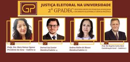 Banner em fundo bordô e amarelo, escrito: Justiça Eleitoral na Universidade 2° GPADEC - Segundo ...