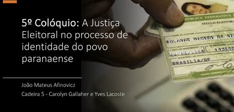 Banner em fundo preto, escrito: 5° Colóquio - A Justiça Eleitoral no processo de identidade do p...