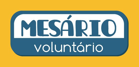 Banner em fundo amarelo, intitulado "Mesário Voluntário". O título aparece em um retângulo, nas ...