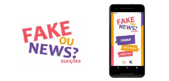 Imagem da logo do aplicativo “Fake ou News? Eleições” escrita nas cores rosa, amarelo e roxo. Ao...