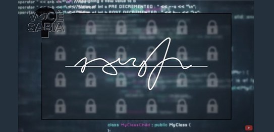 Imagem de fundo cinza com vários cadeados brancos ao fundo. Uma assinatura digital no centro e, ...