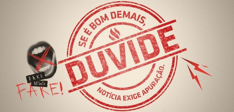 Imagem que retrata uma peça gráfica de conscientização sobre desinformação em fundo bege com tex...