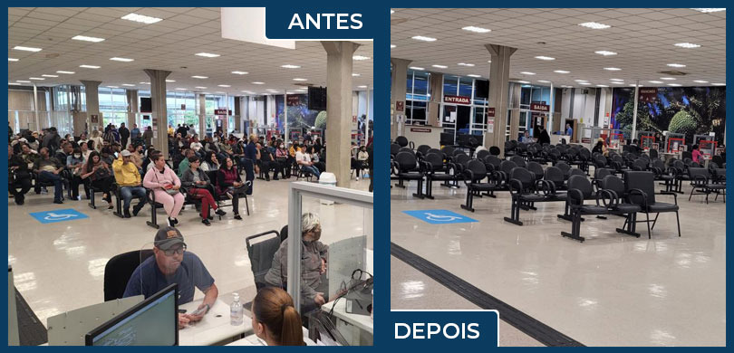 Banner dividido em duas partes, uma "antes" e outra "depois". Na primeira imagem, as cadeiras da...