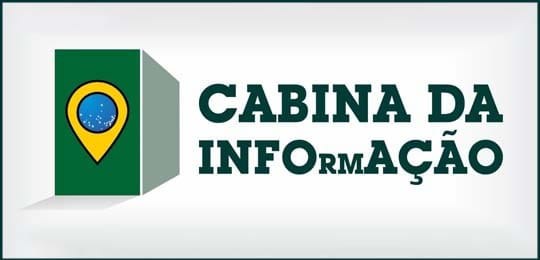 Banner de fundo branco, escrito em letras verdes: "Cabina da Informação". À esquerda, um retângu...