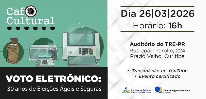 Imagem que retrata uma peça gráfica informativa sobre o evento Café Cultural, com o tema "Voto E...