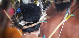 Fotografia de um homem indígena de costas usando um cocar de penas. Ao fundo, desfocado, é possí...