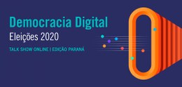 Banner em fundo azul escuro onde se lê, em fonte azul clara e branca, Democracia Digital Eleiçõe...