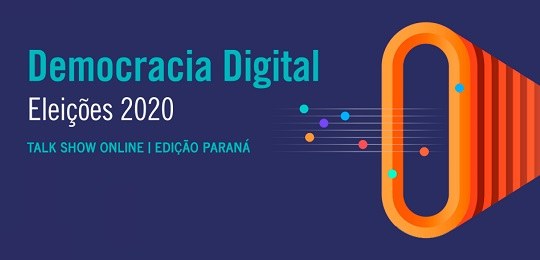 Com apoio do TRE-PR, vem aí edição Paraná do Democracia Digital, evento de combate à desinformação Banner em fundo azul escuro onde se lê, em fonte azul clara e branca, Democracia Digital Eleiçõe...