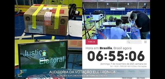 Reprodução de uma tela com quatro ângulos de filmagem: uma urna em uma caixa, um monitor da Just...