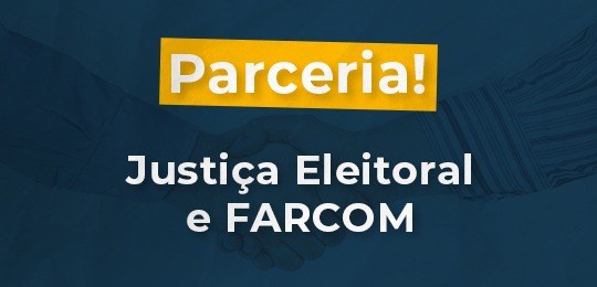 Como tirar título pela internet é tema do programa de estreia da Justiça Eleitoral do Paraná nas rádios comunitárias Imagem de fundo azul, escrito em letras brancas: Parceria! Justiça Eleitoral e FARCOM