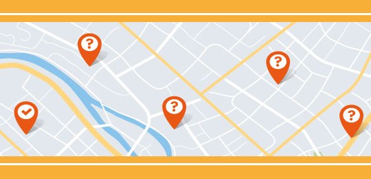 Banner de um mapa com balões vermelhos sobre cinco localizações. 