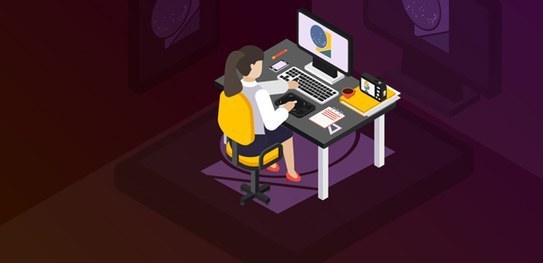 Banner com fundo escuro, sobre o qual se vê a ilustração de uma mulher sentada diante de uma esc...