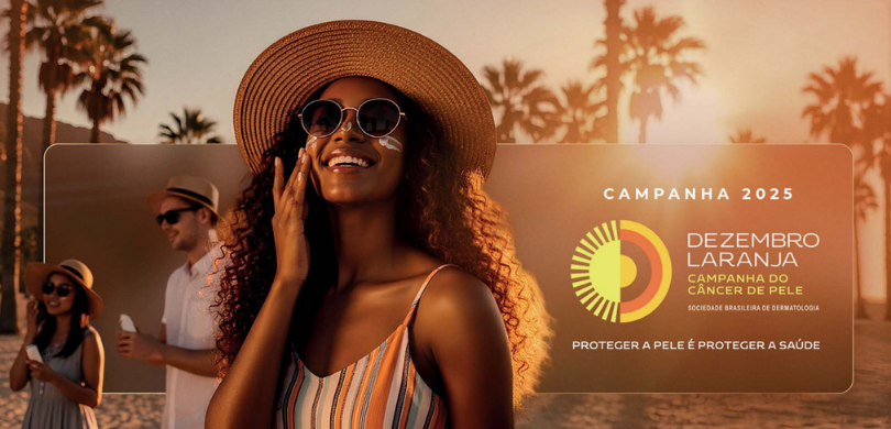 Banner no qual é possível ver uma mulher negra, em destaque, passando um protetor solar em seu r...