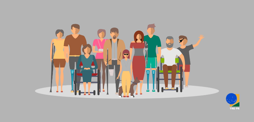 Banner com o fundo cinza, onde veem-se várias ilustrações de pessoas com deficiência, uma ao lad...
