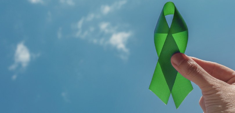 Fotografia de uma mão segurando o laço simbólico das campanhas de doação de órgãos e, ao fundo, ...