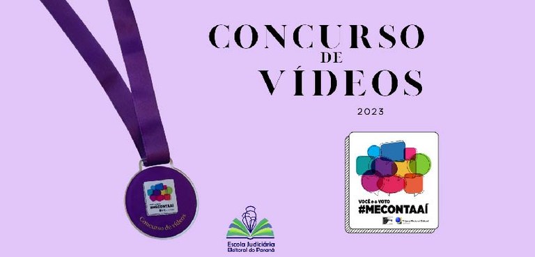 Banner em fundo lilás, em que se lê: Concurso de vídeos 2023. Abaixo, a logo da EJE-PR e do Proj...