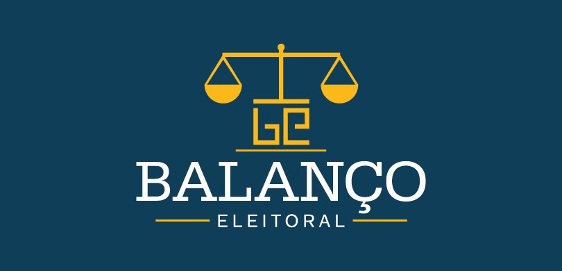 Em um fundo azul escuro está escrito em branco: Balanço Eleitoral. Em cima das palavras há o des...