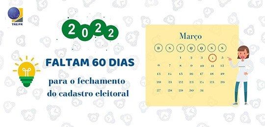 Banner branco com desenhos de relógios ao fundo. Em primeiro plano, há um calendário do mês de m...