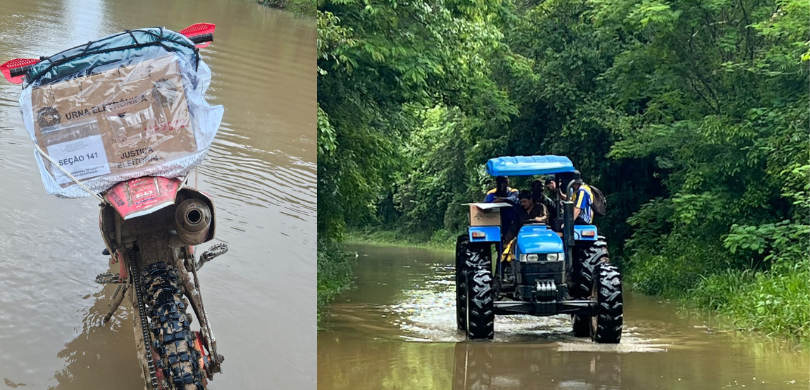 Uma colagem de duas fotos ao ar livre mostra o transporte de urnas eletrônicas em áreas rurais a...