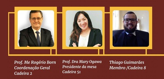 Grupo de Pesquisas em Direito Eleitoral e Ciência Política realiza debate sobre voto impresso Imagem de fundo bordô, com três fotos com borda amarela de uma mulher e dois homens, e escrito e...