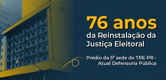 Imagem de fundo azul. À esquerda, uma foto do prédio da 5ª sede do Tribunal Regional Eleitoral d...