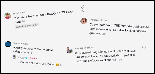 Prints de comentários no vídeo do TikTok do Tribunal Regional Eleitoral do Paraná (TRE-PR) que a...