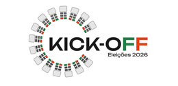 Banner em fundo branco, em que se lê “Kick-Off - Eleições 2026”, em letras pretas, verde e laran...