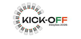 Banner em fundo branco, em que se lê “Kick-Off - Eleições 2026”, em letras pretas, verde e laran...