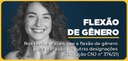 Banner com fundo azul, em que se lê “Flexão de gênero” em letras brancas do lado direito da imag...