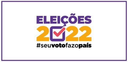 Banner de fundo branco e linhas roxas nas bordas. No centro, em letras roxas, escrito: "Eleições...