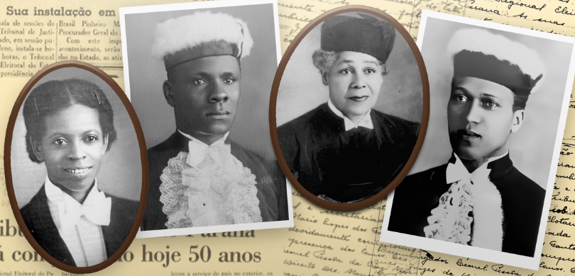 Banner com fundo braco amarelado, formado por recortes de jornal e trechos de papéis com escrito...