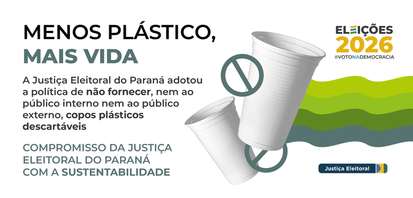 Menos plástico, mais vida Banner com fundo branco, sobre o qual se lê, do lado esquerdo, “Menos plástico, mais vida/A Just...