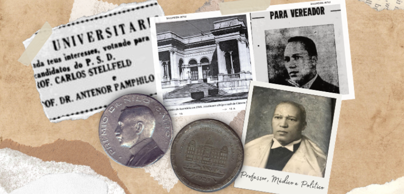 Banner formado por recortes de jornais, fotografias e colagens. Ao centro, há uma foto em preto ...