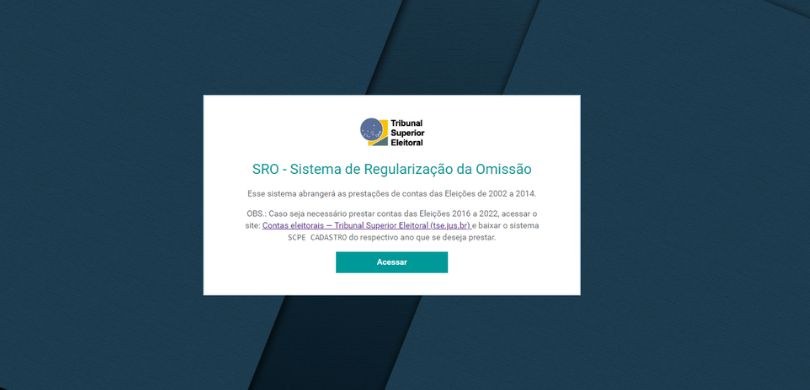 Novo sistema do TSE facilita a regularização de contas eleitorais não prestadas até 2014 Captura de tela da página de acesso ao Sistema de Regularização da Omissão, que possui fundo na ...