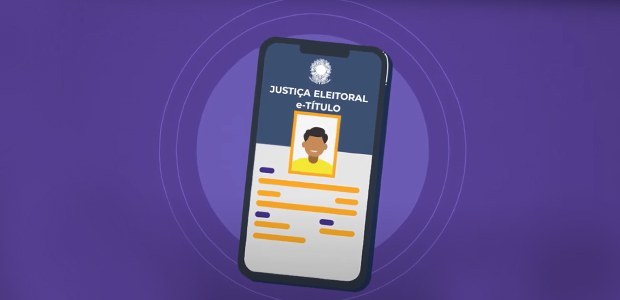 Banner em fundo roxo com a ilustração de um smartphone com o aplicativo e-Título aberto.