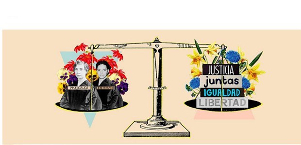 Banner em fundo bege, com o desenho de uma balança de pesar. De um lado, há a foto de duas mulhe...