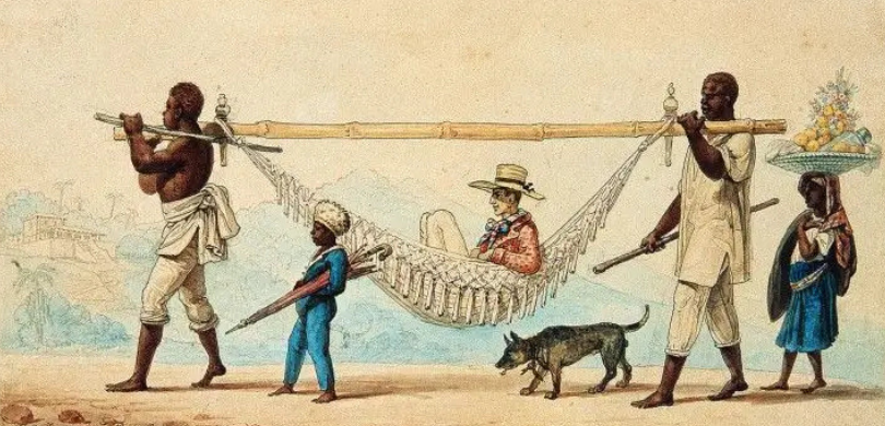 Imagem que retrata uma pintura em aquarela de um grupo de pessoas em deslocamento por uma estrad...