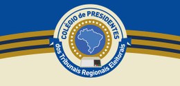Logomarca em fundo azul e branco do Colégio de Presidentes dos Tribunais Regionais Eleitorais. N...