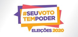 Banner em fundo branco com a logomarca das Eleições 2020 nas cores roxo, azul e laranja